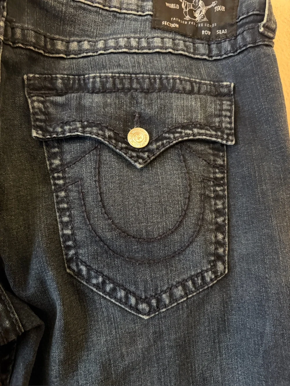 True Religion Geno Flap Big T Blue Men's Relaxed Slim Jeans Size 40 Thick Stitch